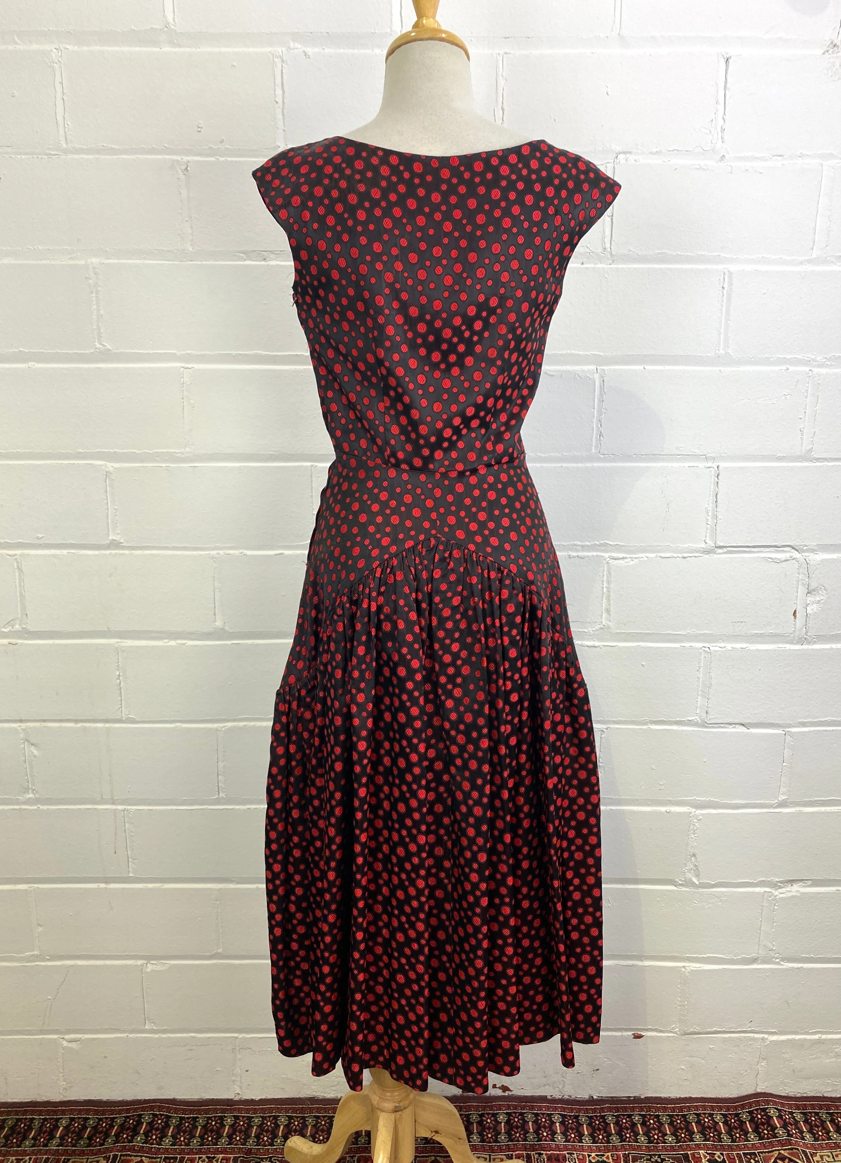 Vintage 1950s Red & Black Dot Party Dress, Small