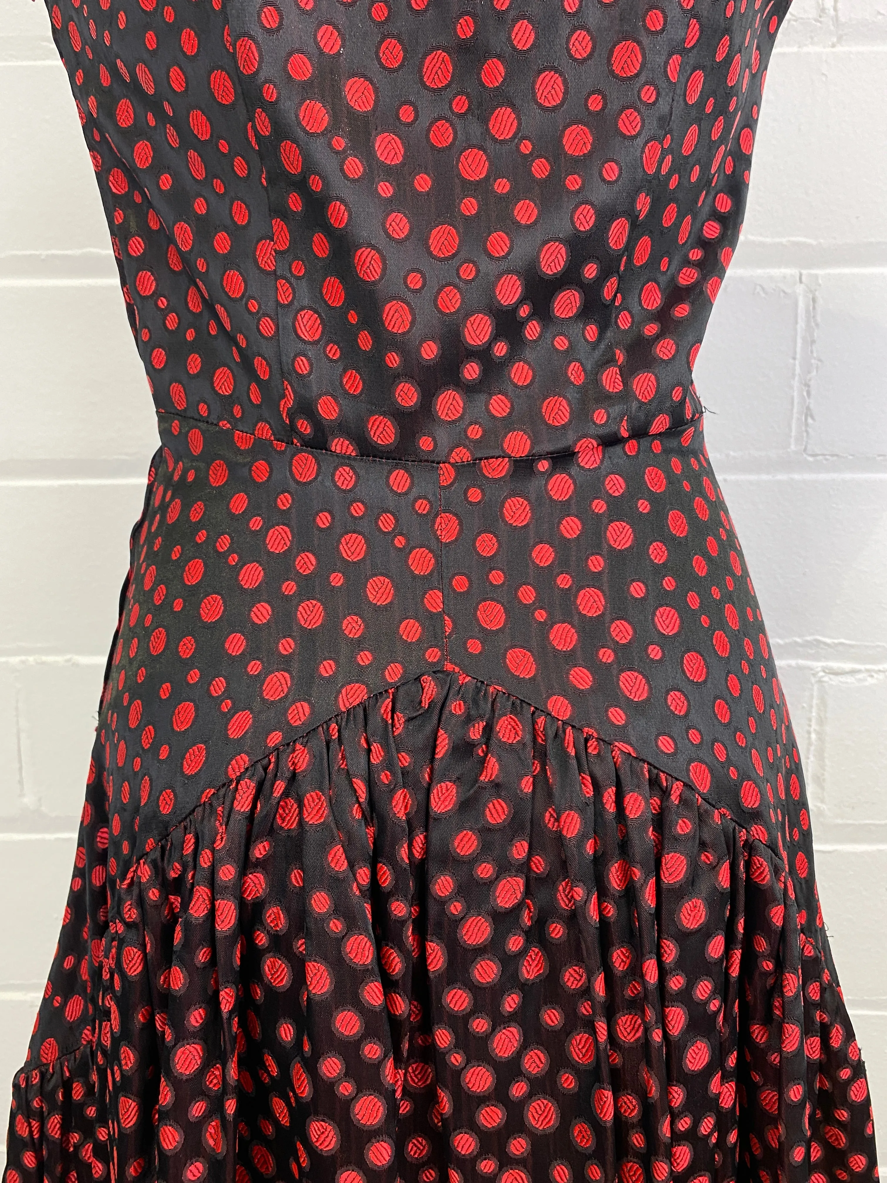 Vintage 1950s Red & Black Dot Party Dress, Small