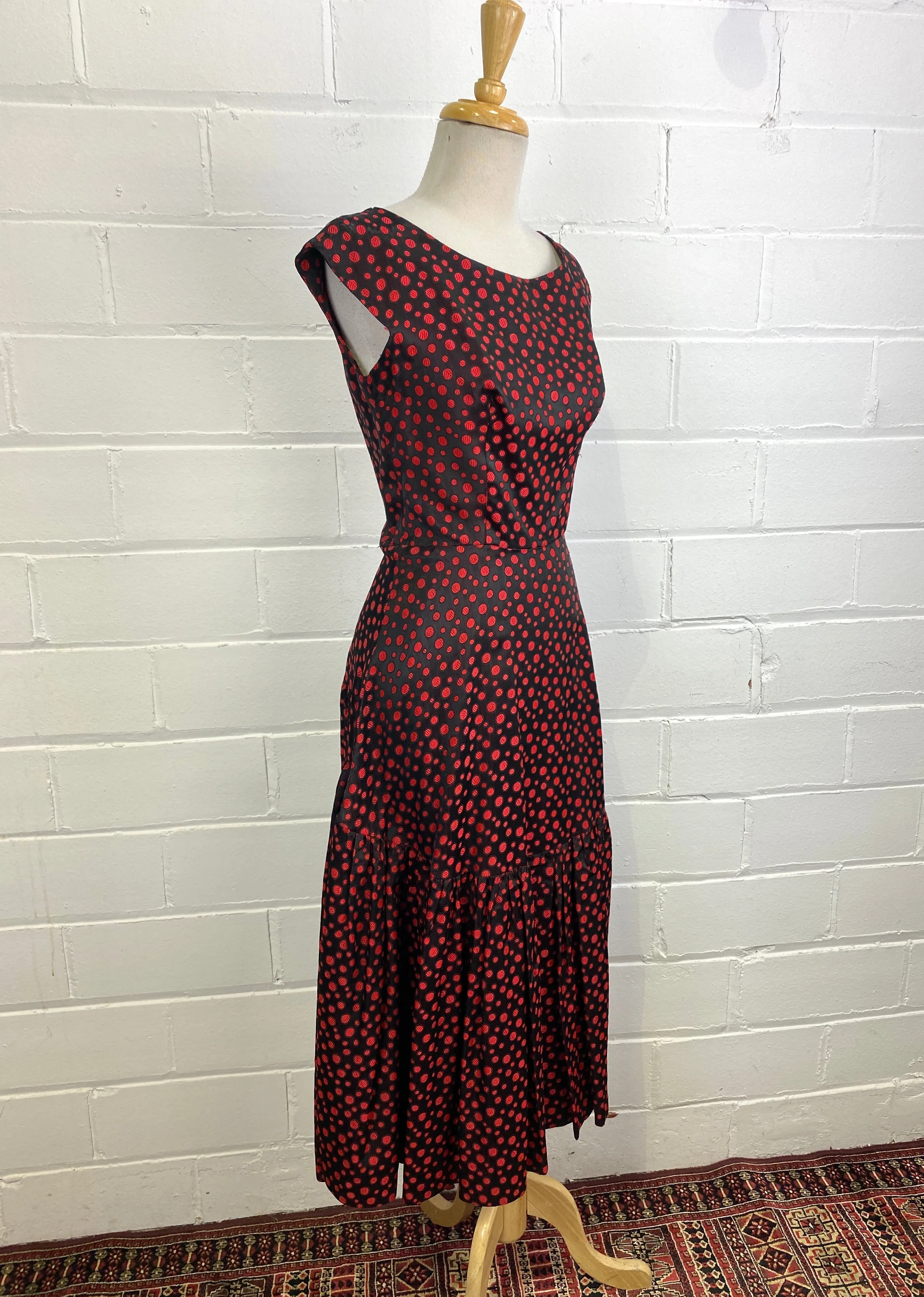 Vintage 1950s Red & Black Dot Party Dress, Small