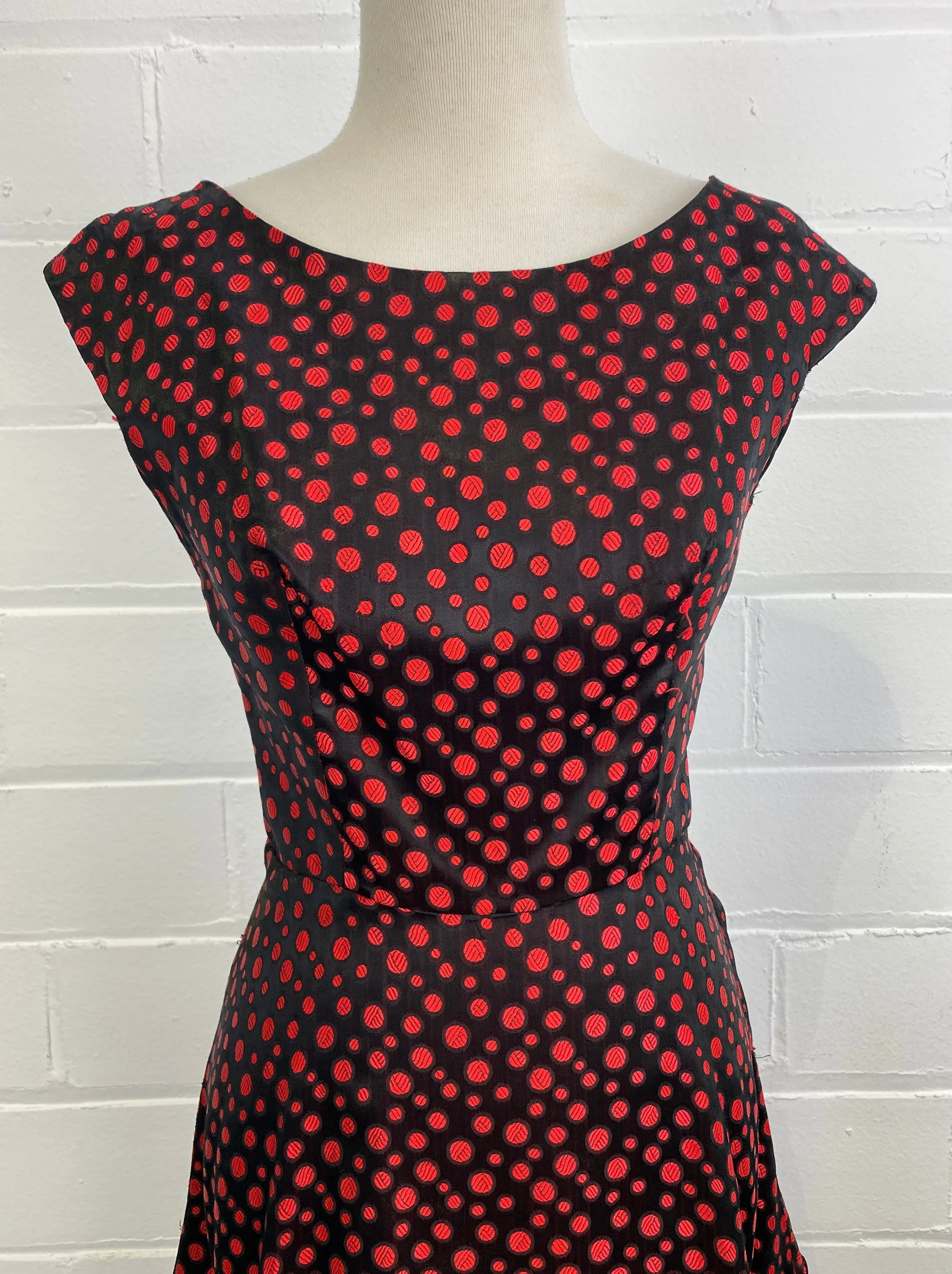 Vintage 1950s Red & Black Dot Party Dress, Small