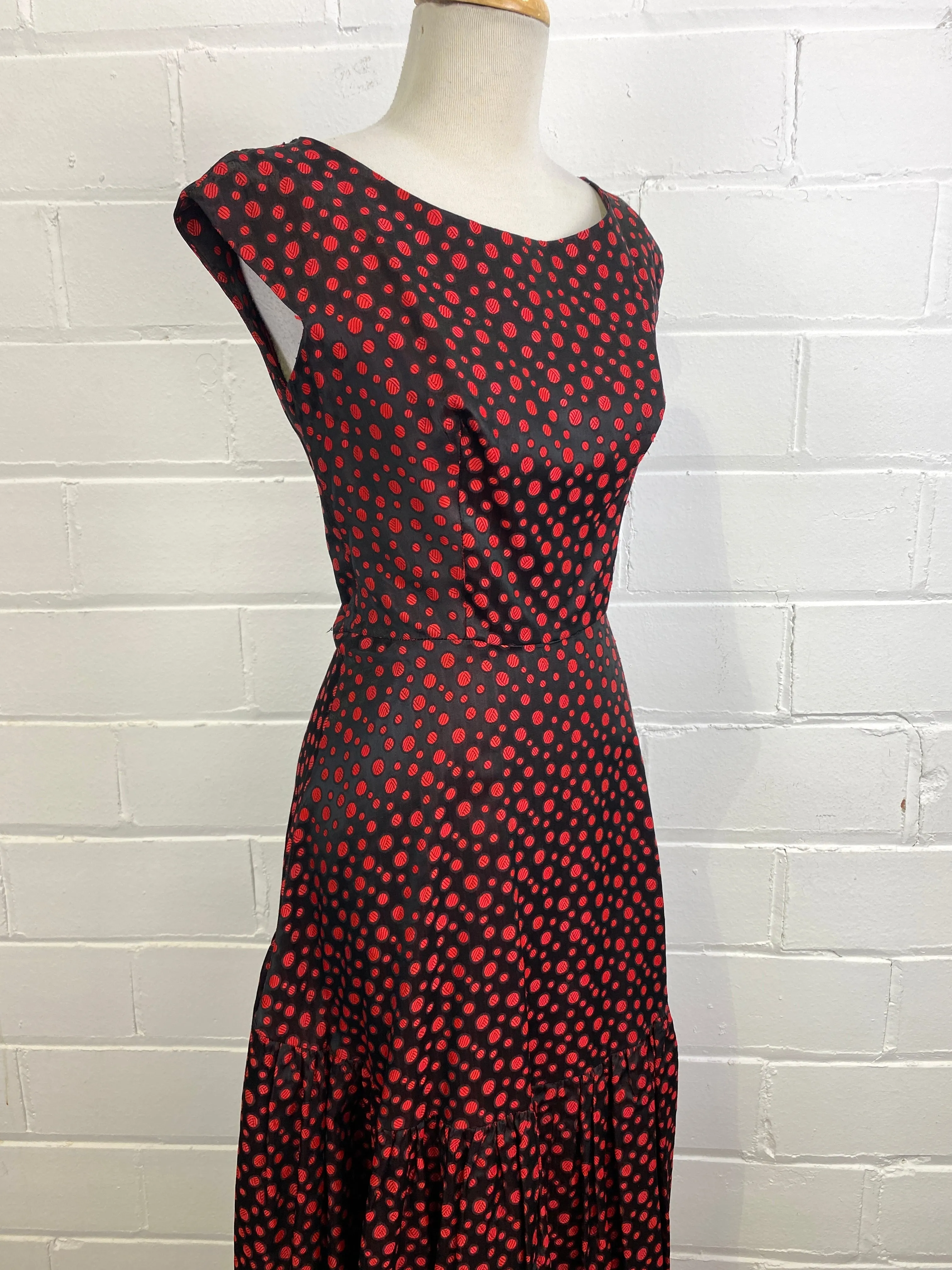 Vintage 1950s Red & Black Dot Party Dress, Small