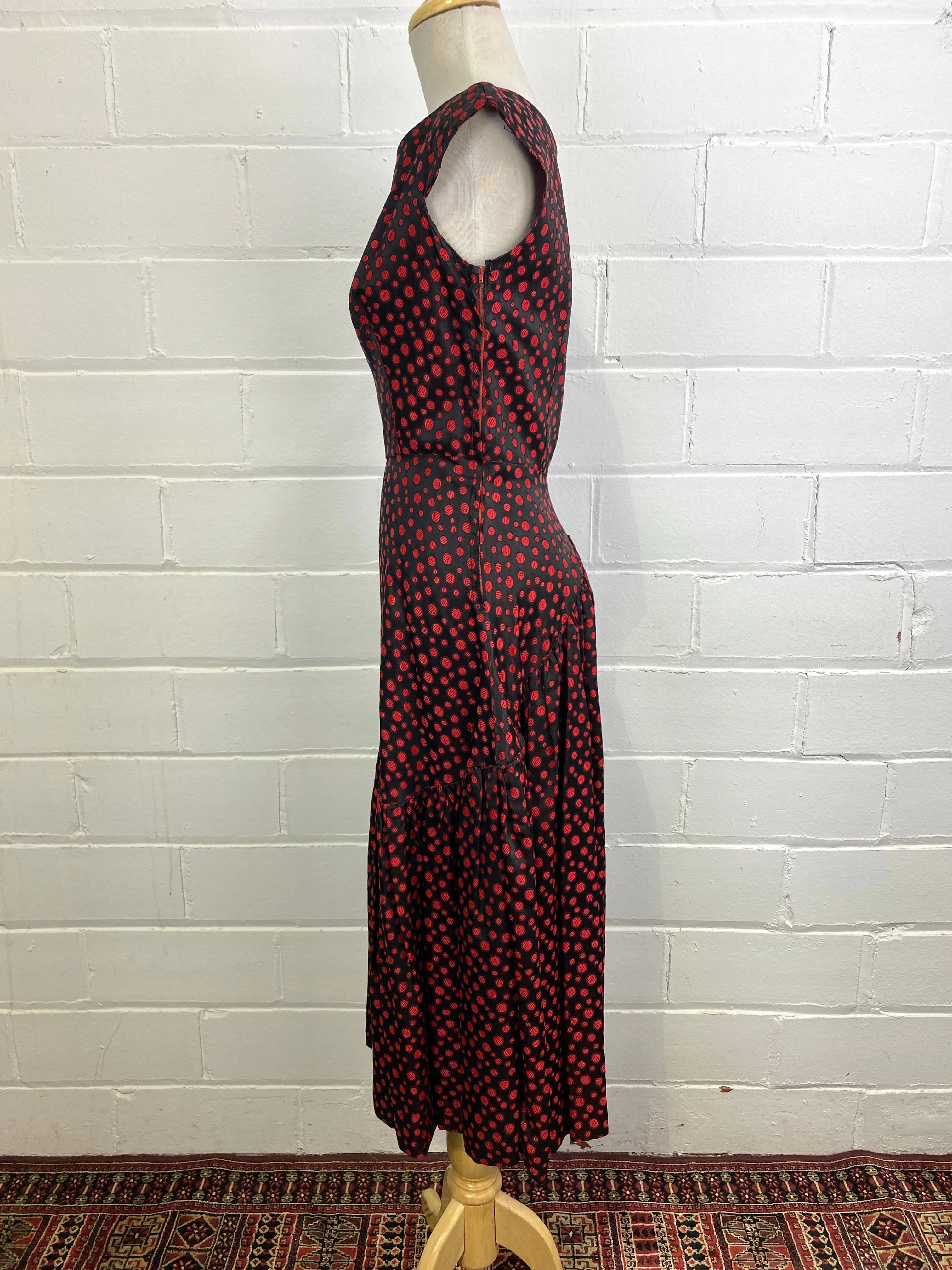 Vintage 1950s Red & Black Dot Party Dress, Small