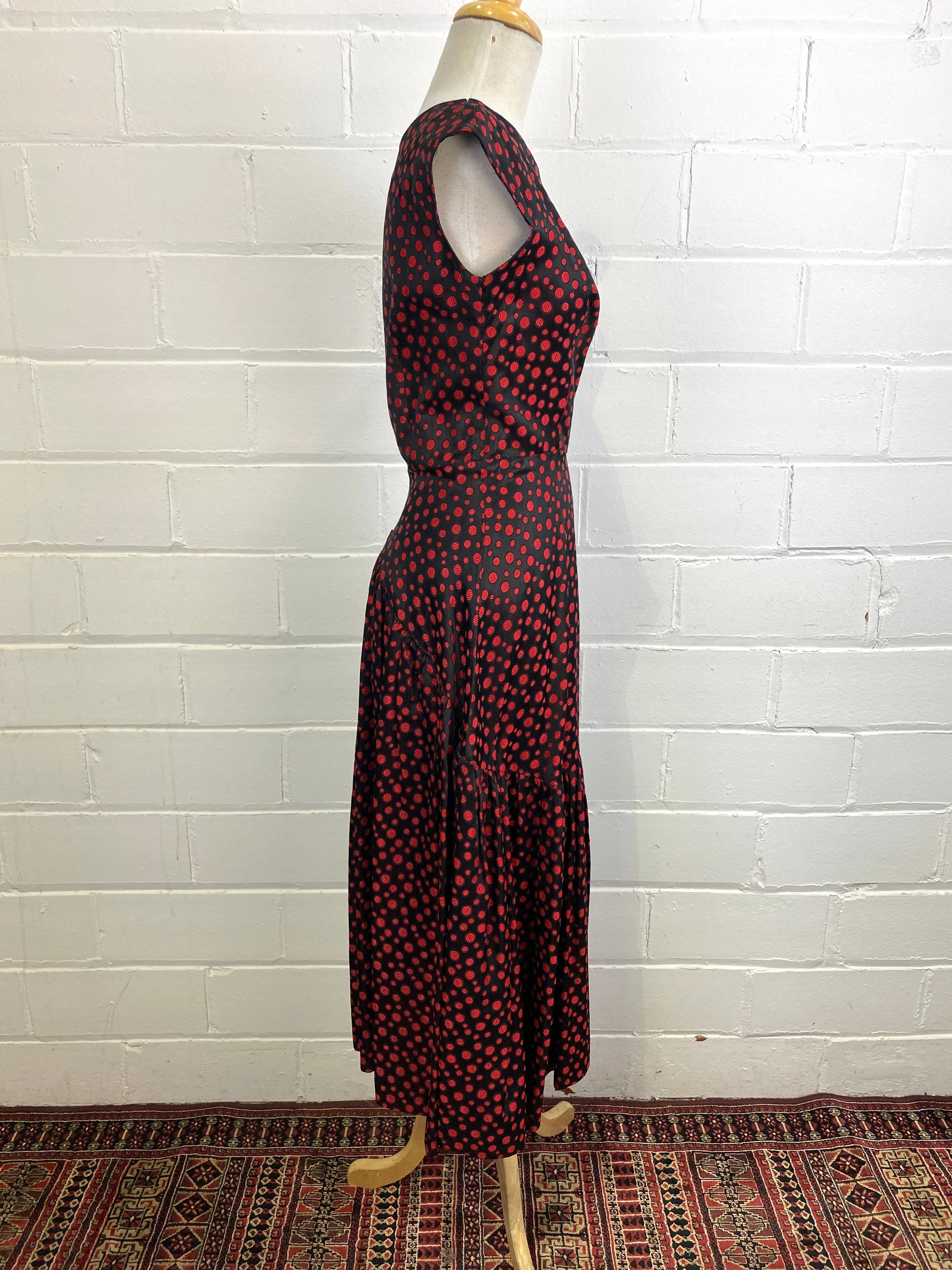 Vintage 1950s Red & Black Dot Party Dress, Small