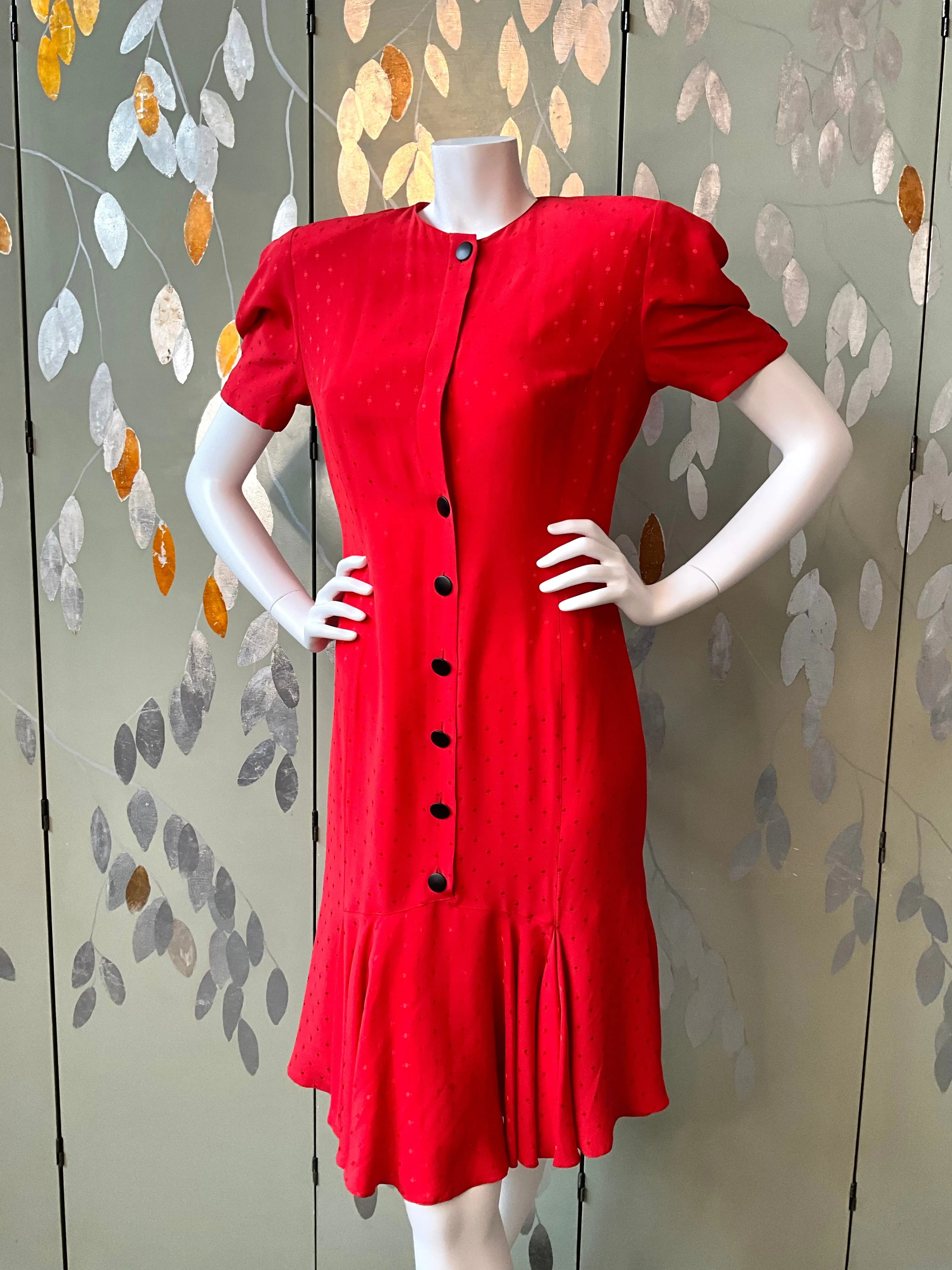 Vintage 1980s Red Louis Féraud Silk Tea Dress, M-L