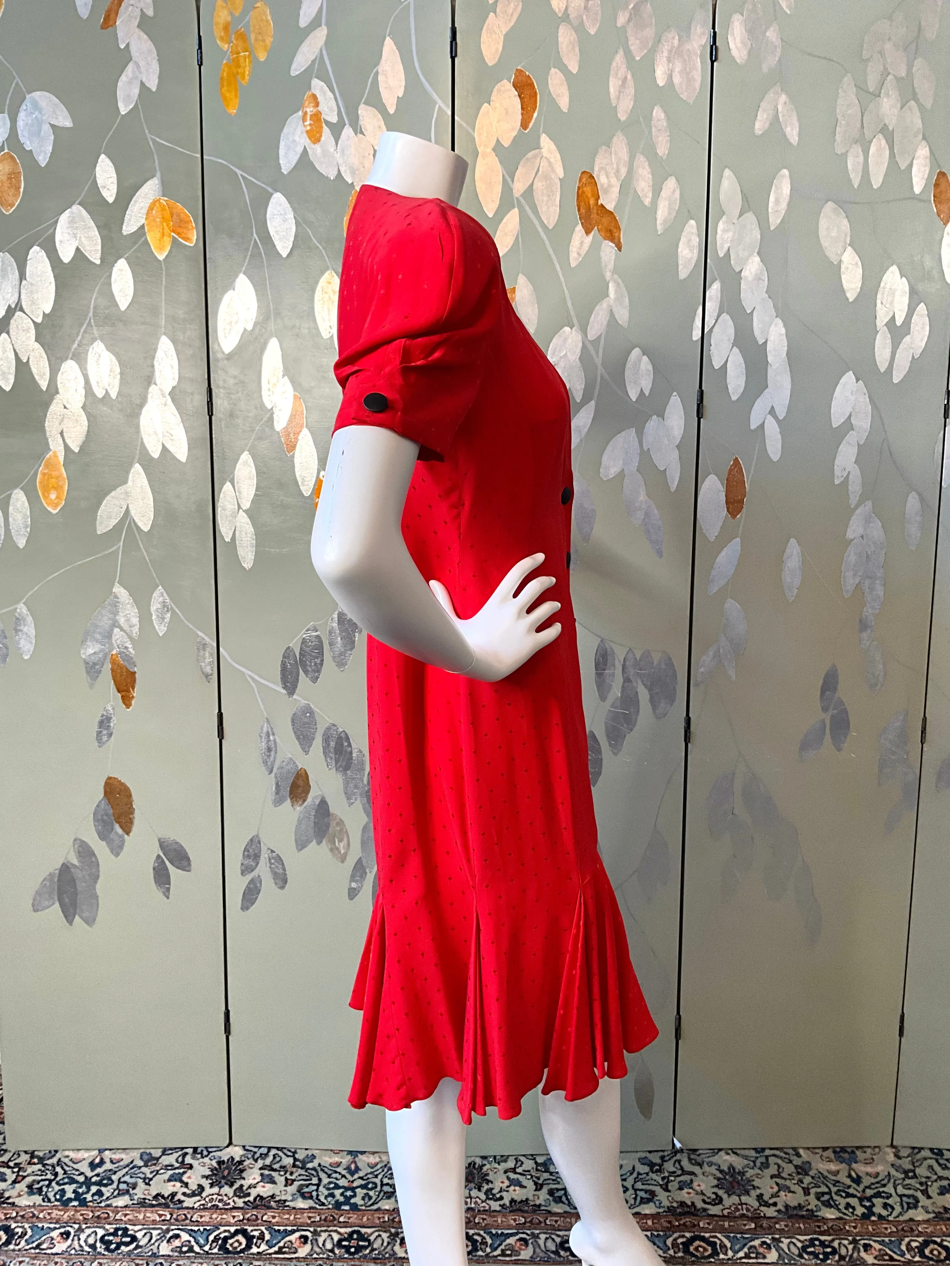 Vintage 1980s Red Louis Féraud Silk Tea Dress, M-L