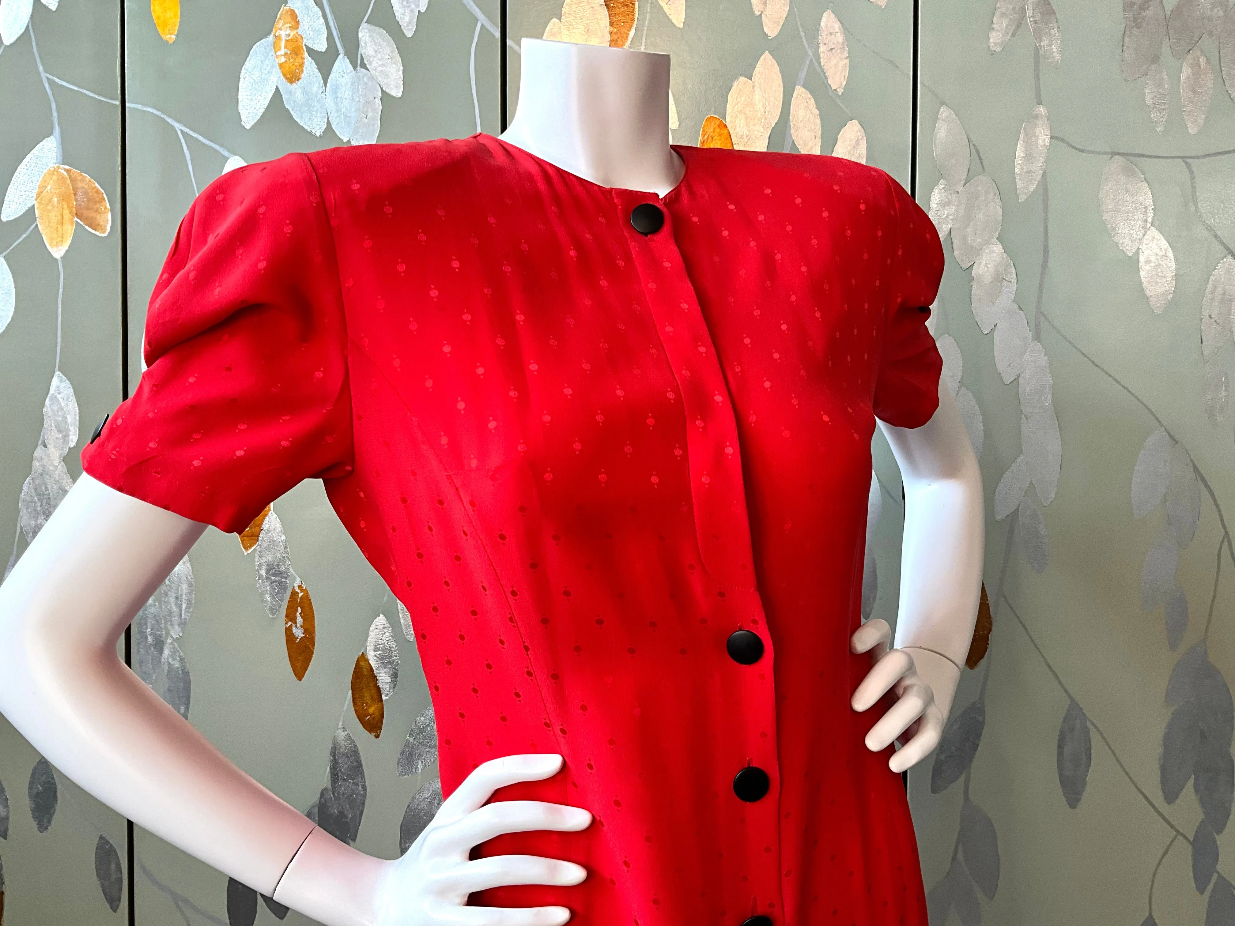 Vintage 1980s Red Louis Féraud Silk Tea Dress, M-L