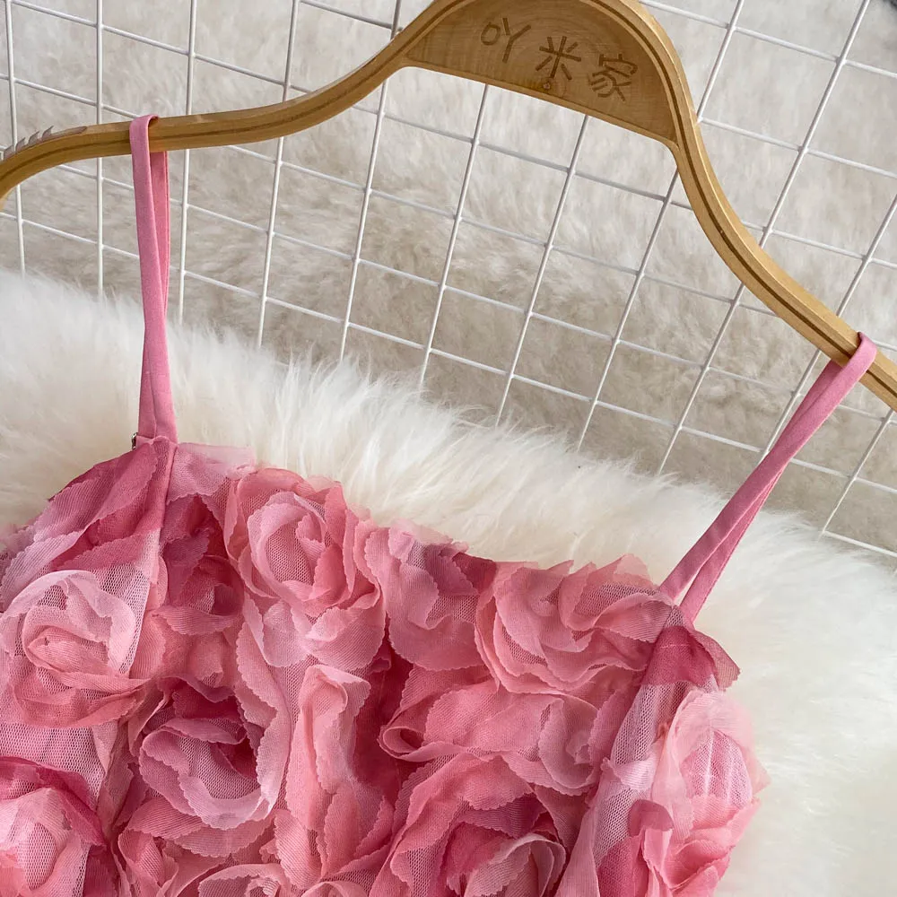 Vintage Elegant 3D Rose Flower Spaghetti Slip Casual Dress
