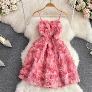 Vintage Elegant 3D Rose Flower Spaghetti Slip Casual Dress