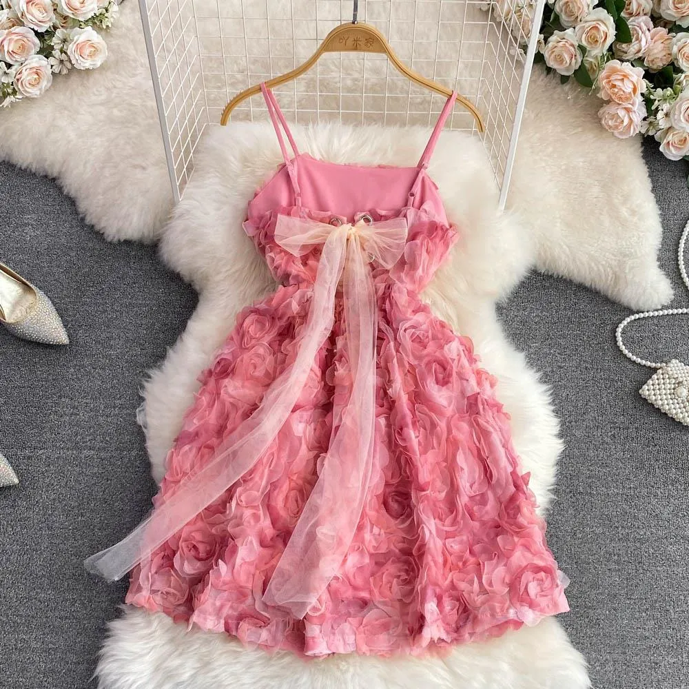 Vintage Elegant 3D Rose Flower Spaghetti Slip Casual Dress
