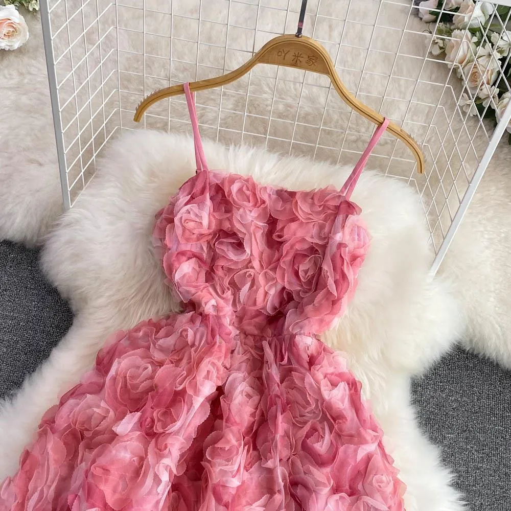 Vintage Elegant 3D Rose Flower Spaghetti Slip Casual Dress