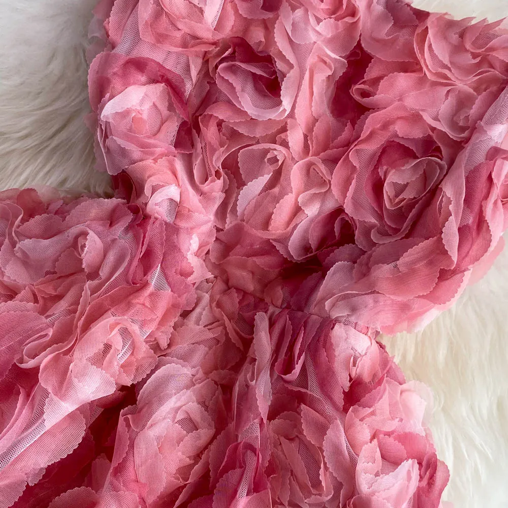 Vintage Elegant 3D Rose Flower Spaghetti Slip Casual Dress