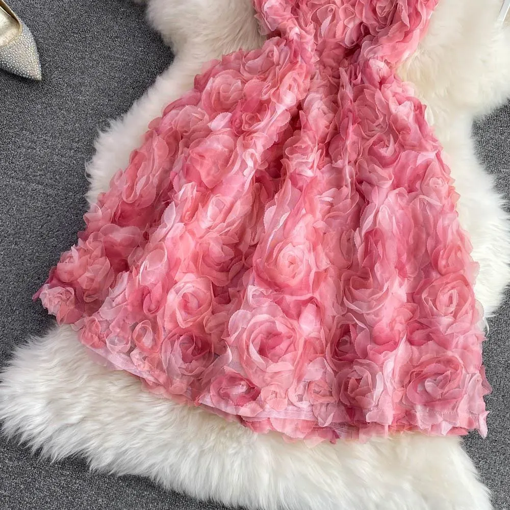 Vintage Elegant 3D Rose Flower Spaghetti Slip Casual Dress