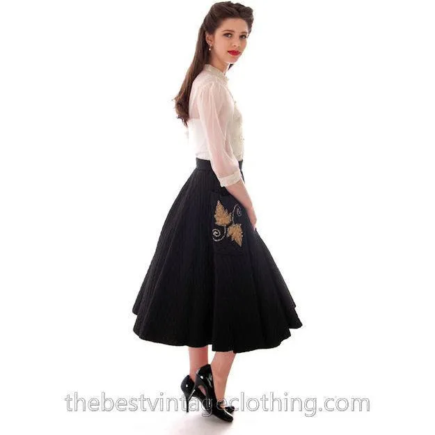 Vintage Quilted Circle Skirt Black Gold Glittery Leaf Motif Pocket 1940s 24 Waist