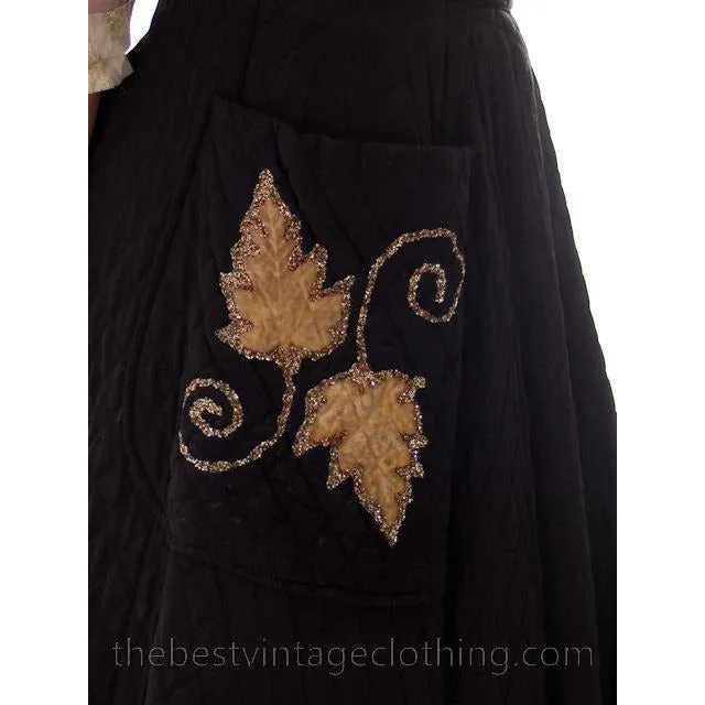 Vintage Quilted Circle Skirt Black Gold Glittery Leaf Motif Pocket 1940s 24 Waist