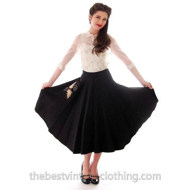 Vintage Quilted Circle Skirt Black Gold Glittery Leaf Motif Pocket 1940s 24 Waist