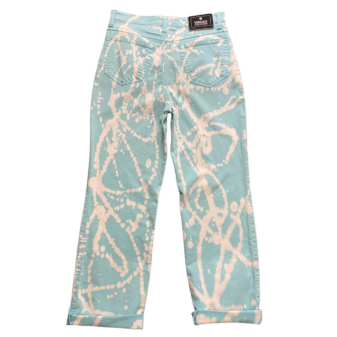 Vintage VERSACE Women's Bottom Couture Mom Style Jeans Pant Blue Golden Pattern with Pockets Size 30"