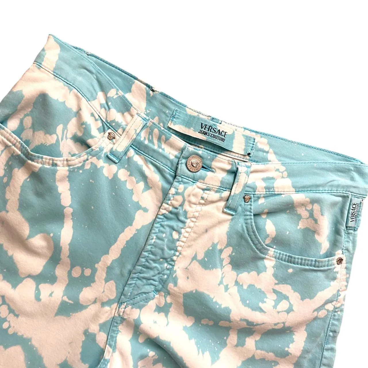 Vintage VERSACE Women's Bottom Couture Mom Style Jeans Pant Blue Golden Pattern with Pockets Size 30"