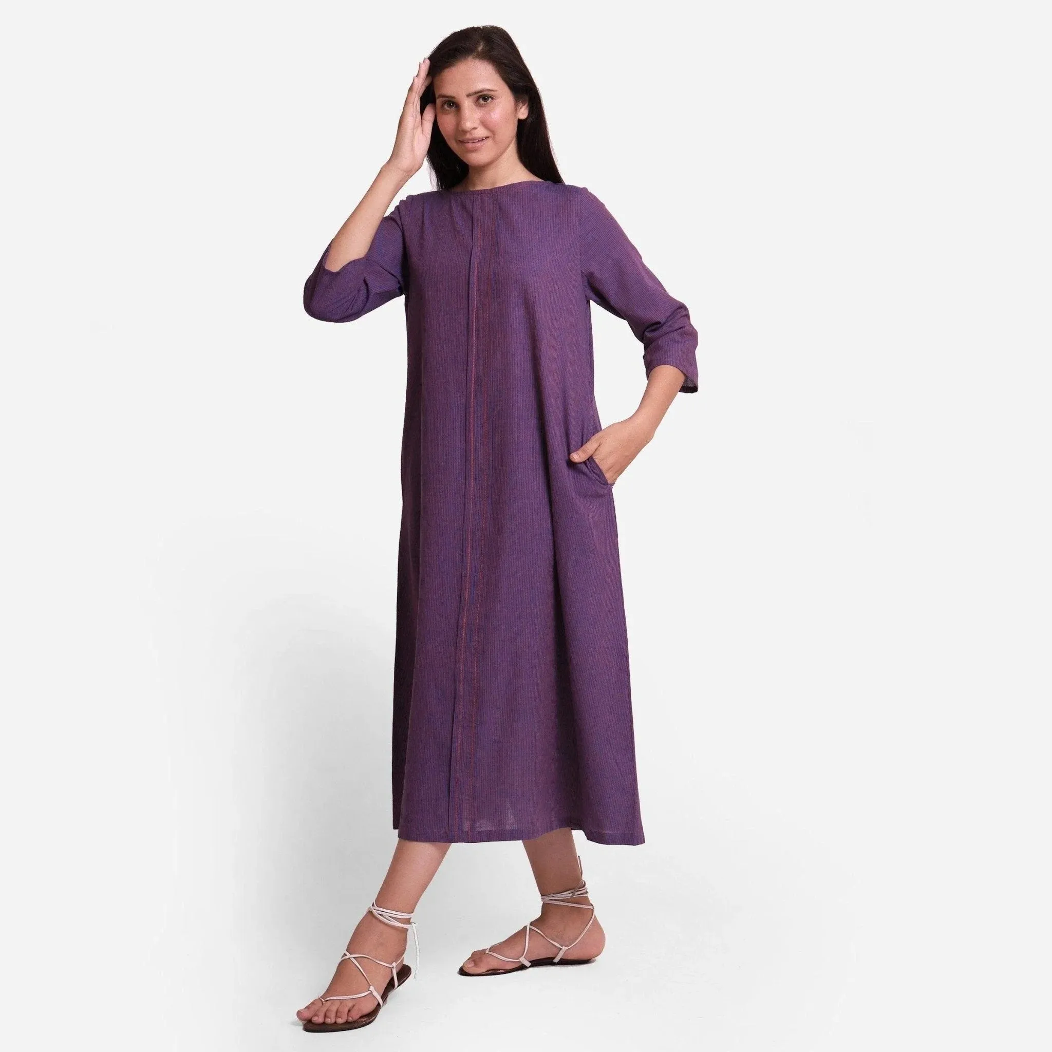 Violet Boat Neck Cotton Mangalgiri Midi Shift Dress