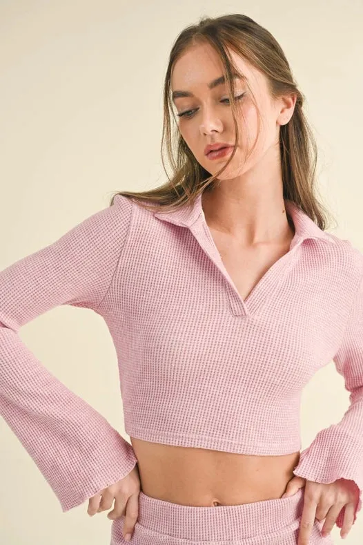 Waffle Knit Bell Sleeve Top And Skirt Set Pink