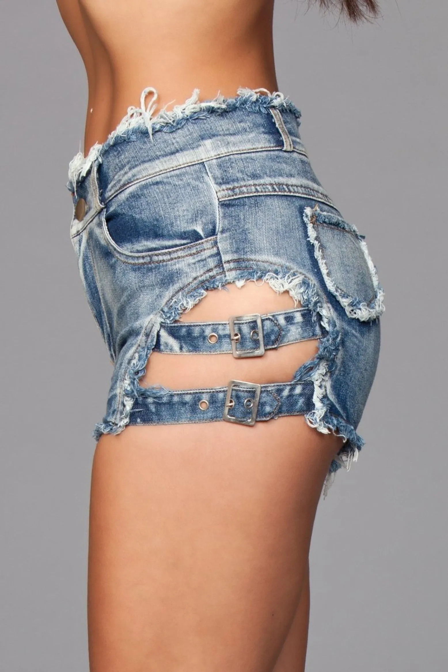 Washed Denim Jeans Shorts with Belt Buckle Sides BW-J10BL