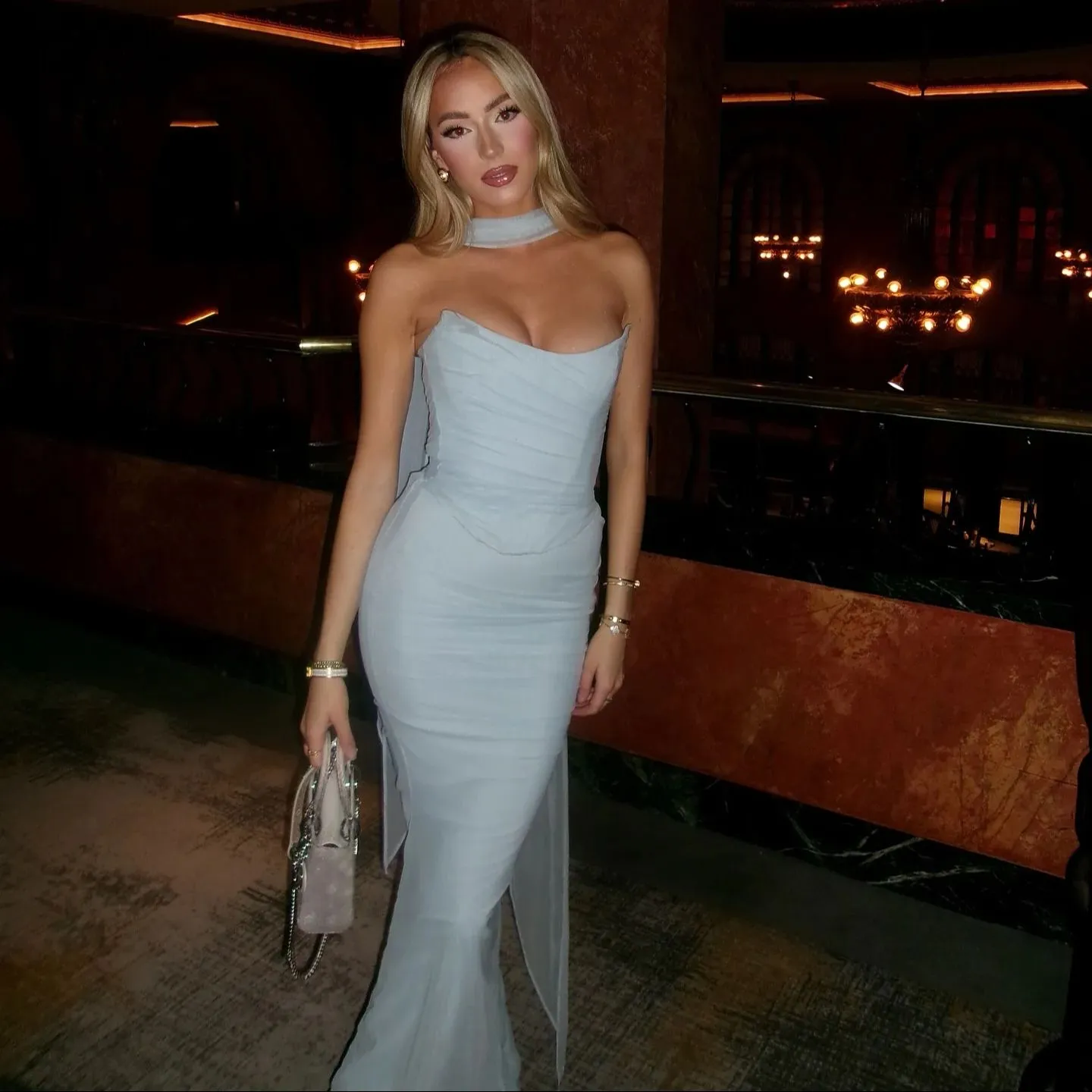 Wenkouban Elegant Maxi Wedding Guest Dress Set Sexy Strapless Blue Cropped Top Set Bodycon Holiday Party Dresses Women-nye outfits