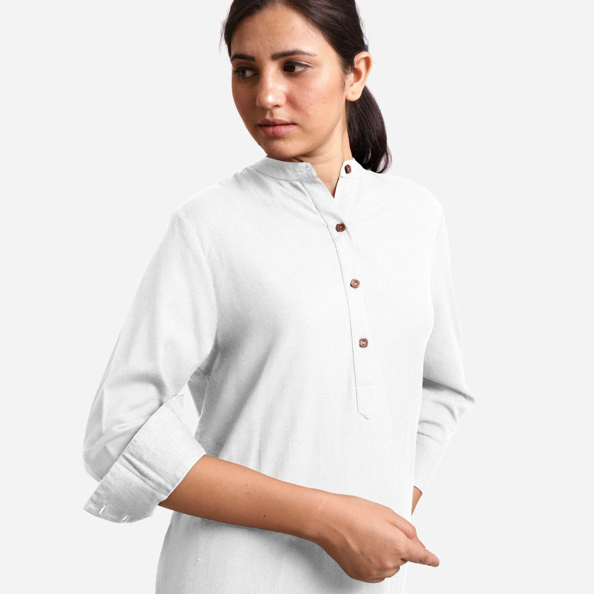 White Cotton Flax Knee Length Shirt Dress