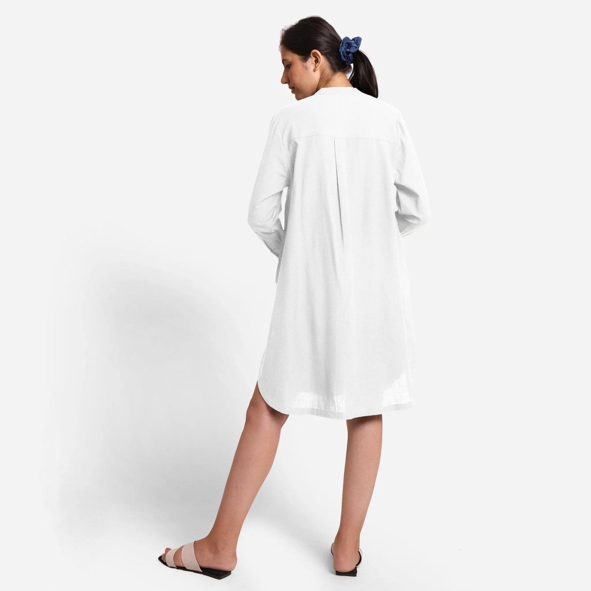 White Cotton Flax Knee Length Shirt Dress