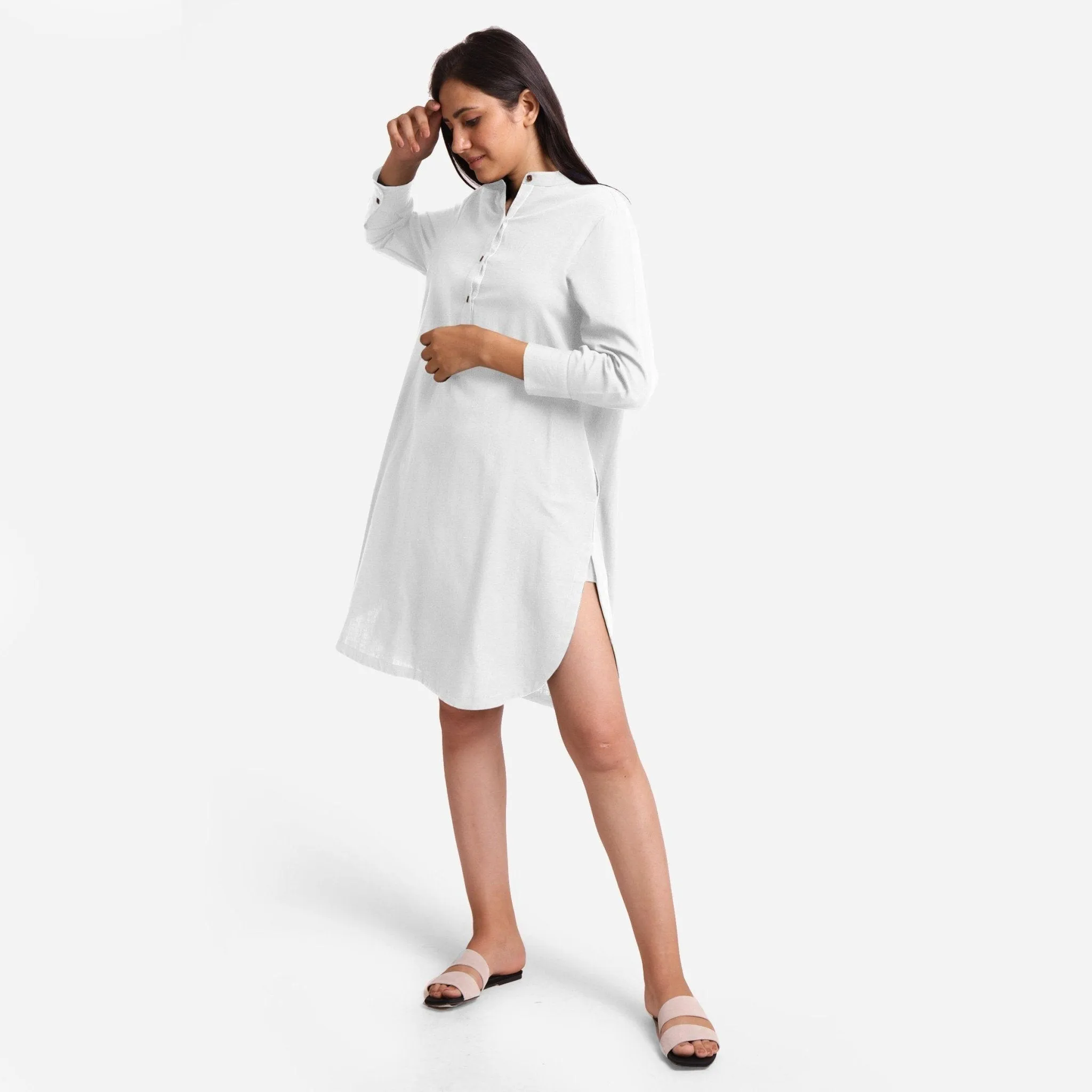 White Cotton Flax Knee Length Shirt Dress