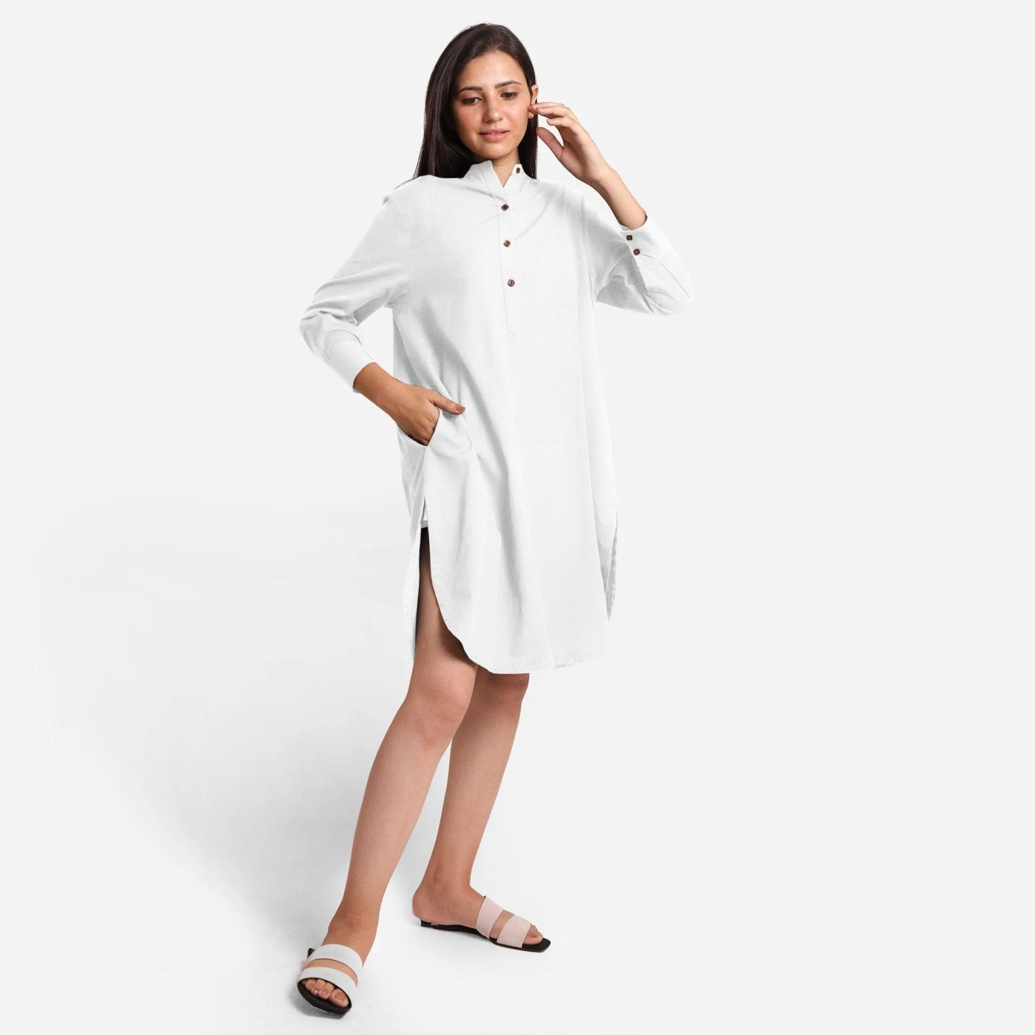 White Cotton Flax Knee Length Shirt Dress