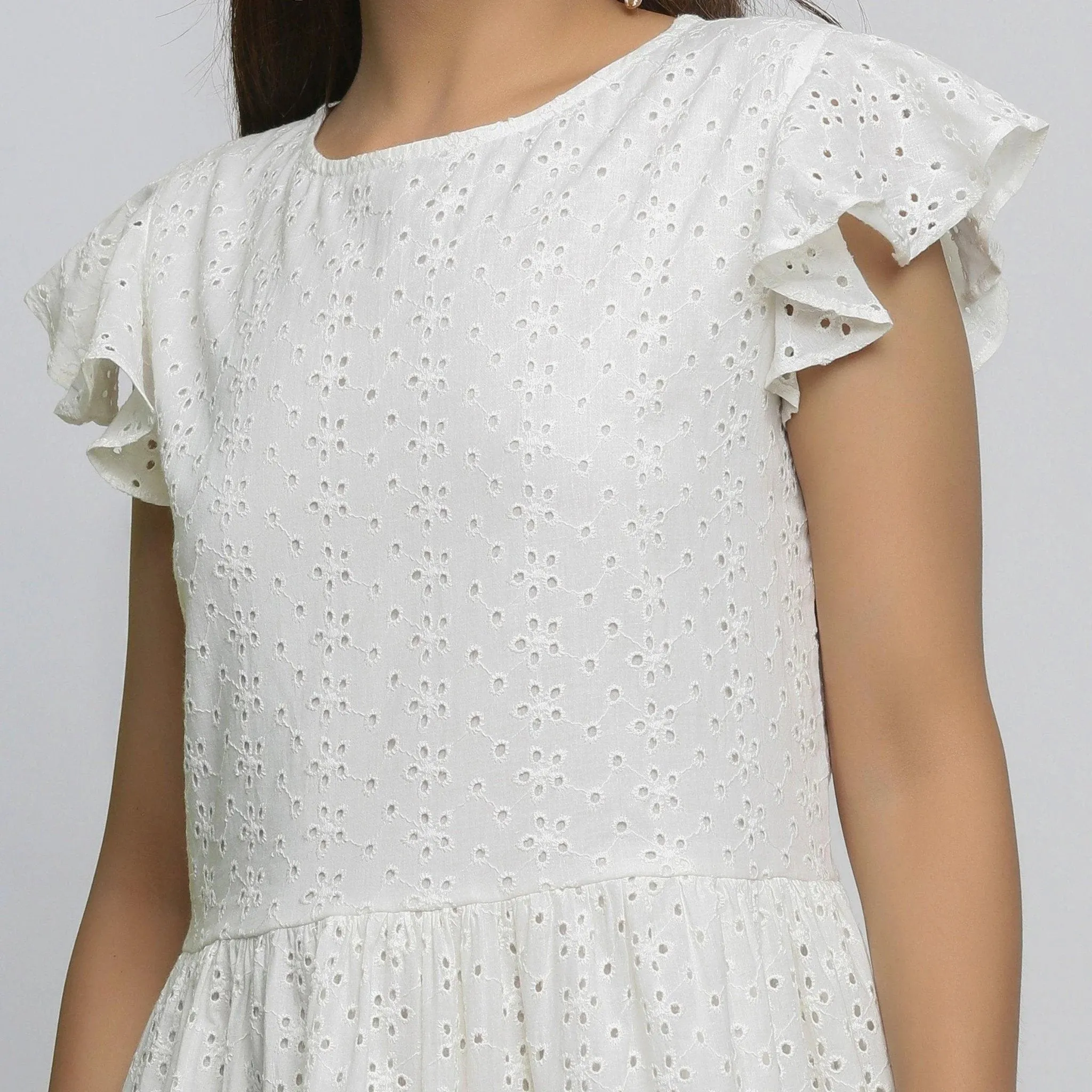 White Cotton Schiffli Floral Tier Short Dress