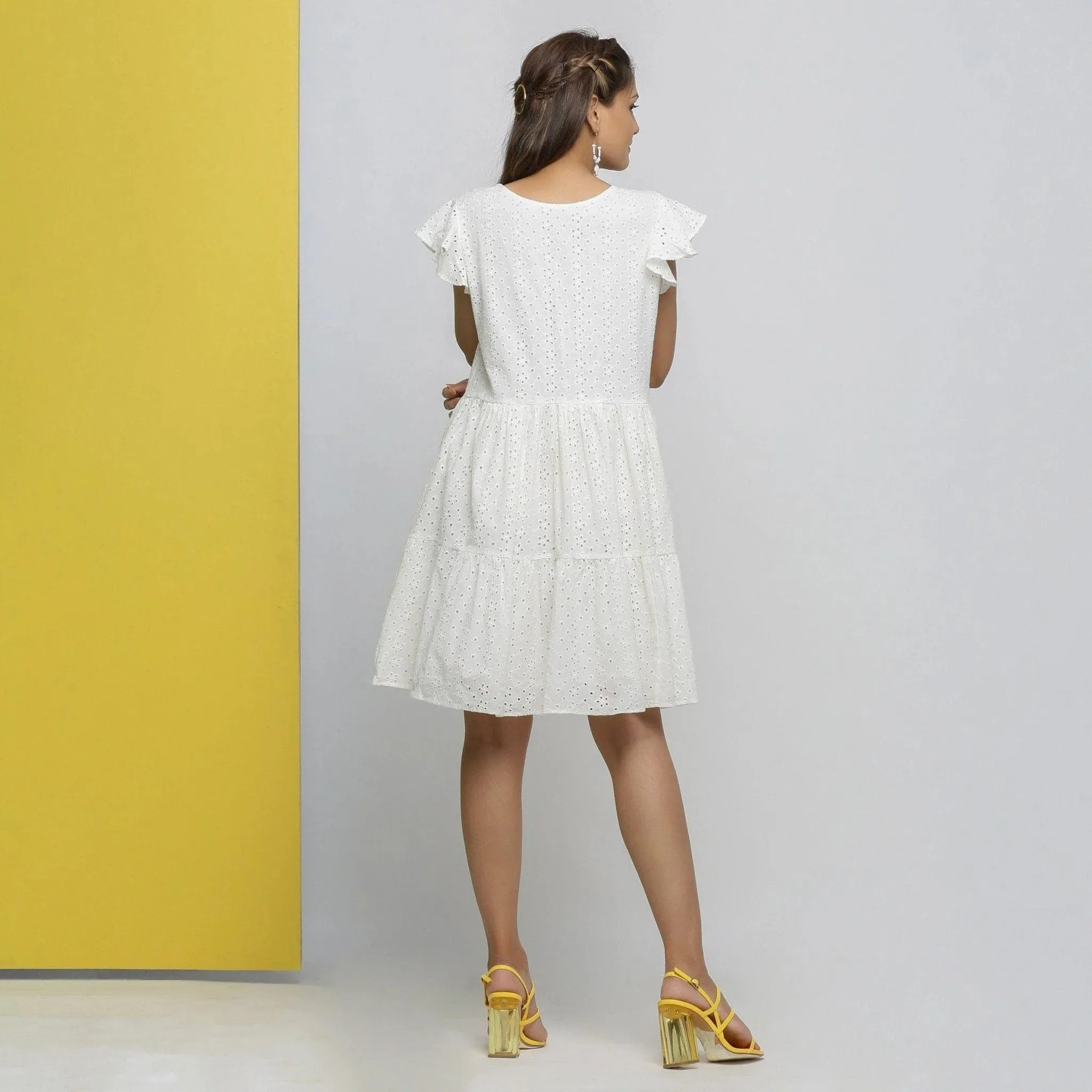White Cotton Schiffli Floral Tier Short Dress