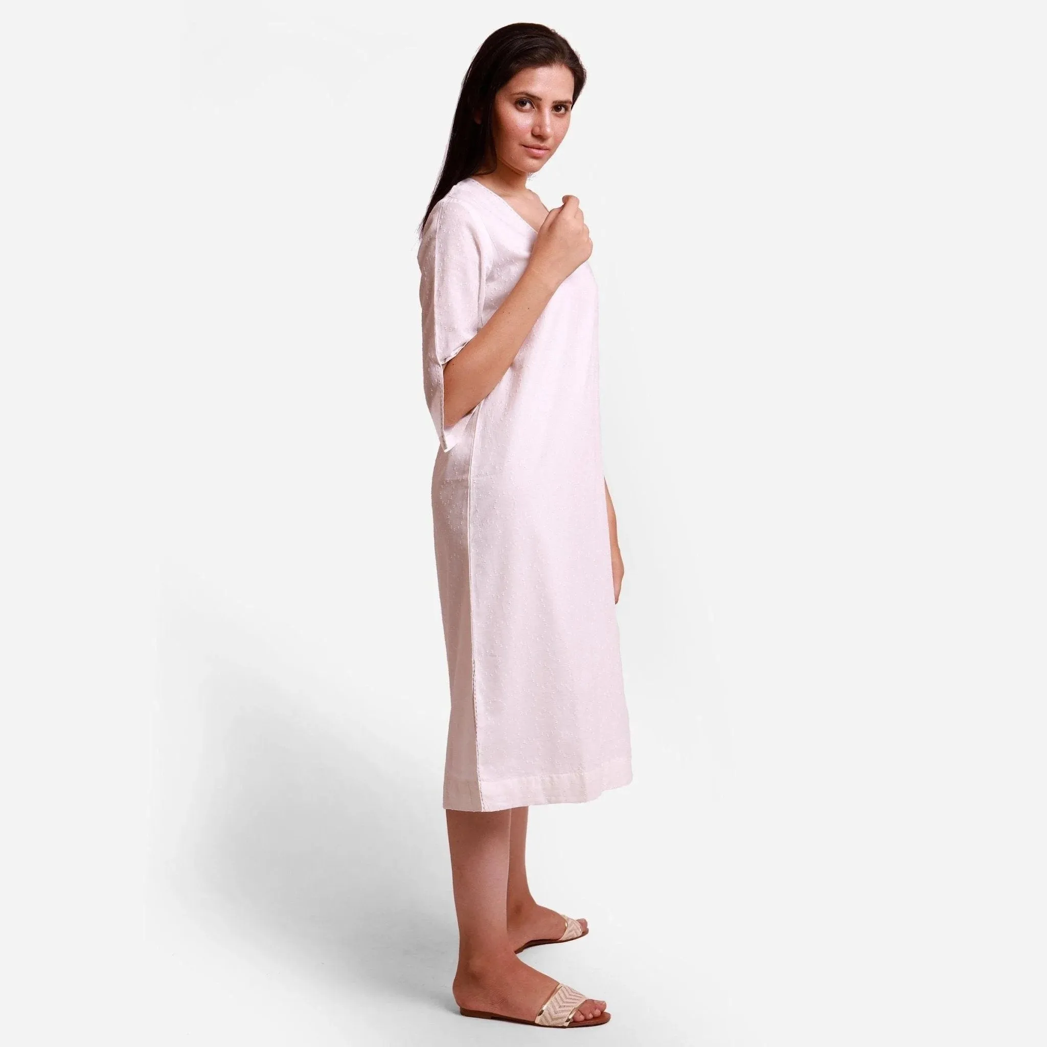 White Hand-Embroidered Cotton U-Neck Midi Slit Dress