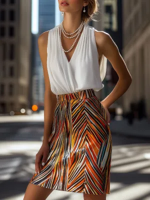 White Pleated Blouse with Metallic Patterned Mini Skirt