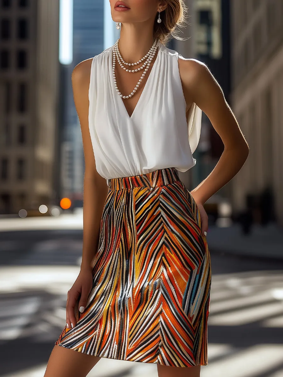 White Pleated Blouse with Metallic Patterned Mini Skirt