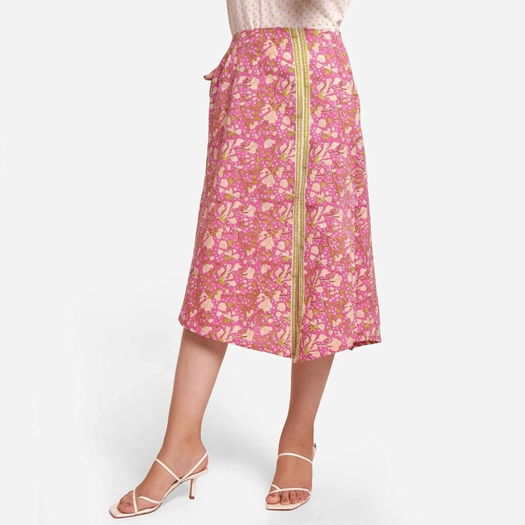 Wine Floral Block Printed Cotton Midi Slit Skirt