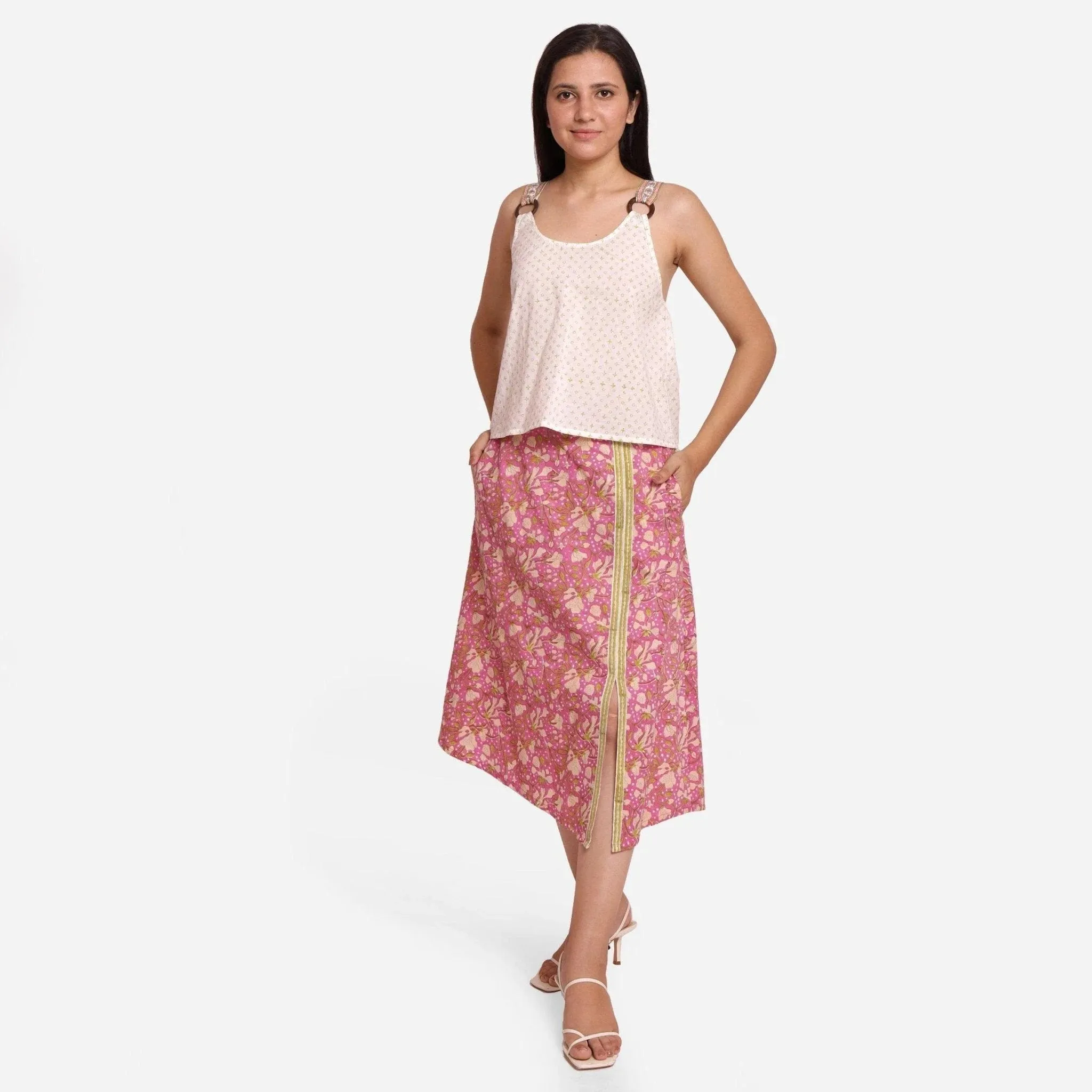 Wine Floral Block Printed Cotton Midi Slit Skirt