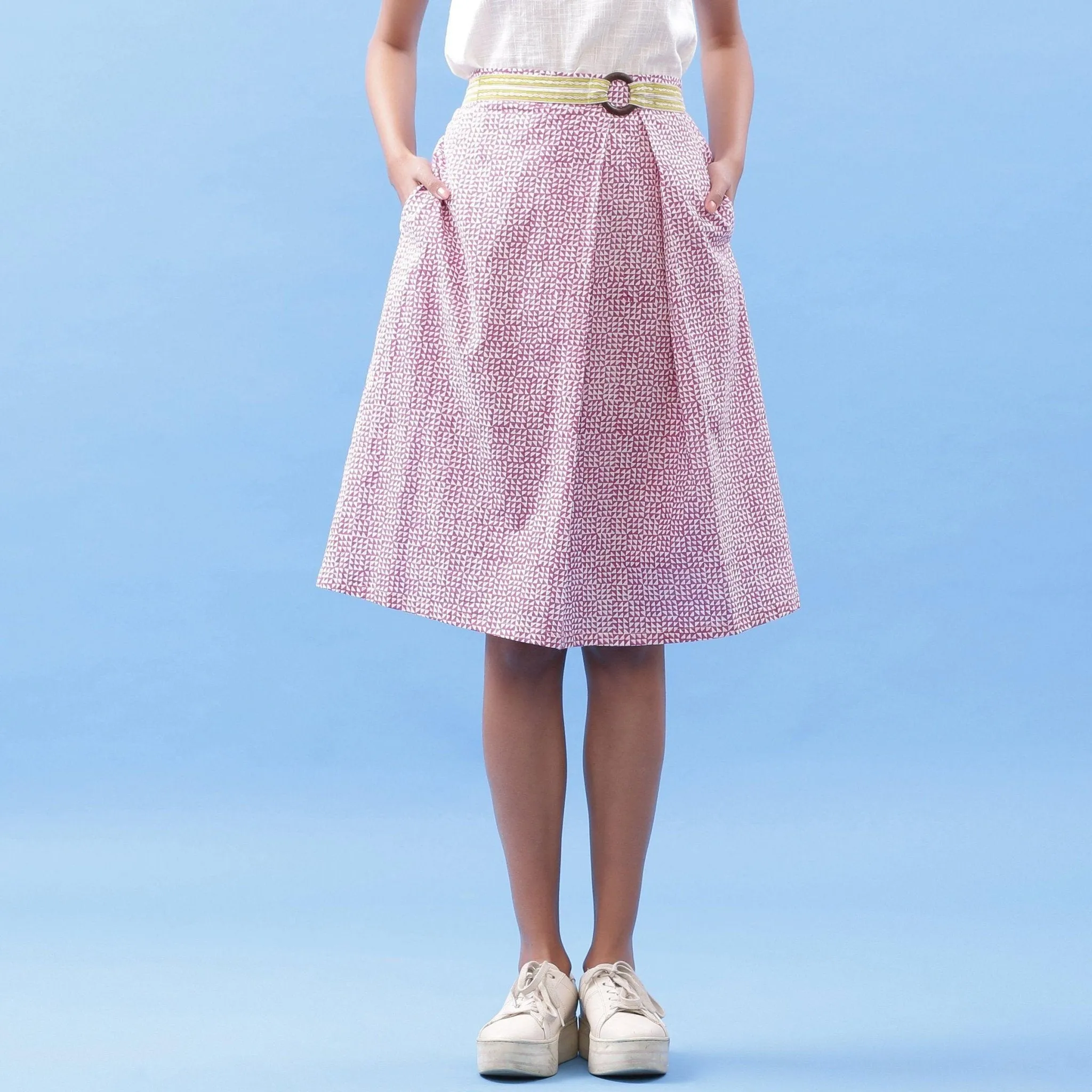 Wine Triangle Block Printed Cotton Knee Length Skirt