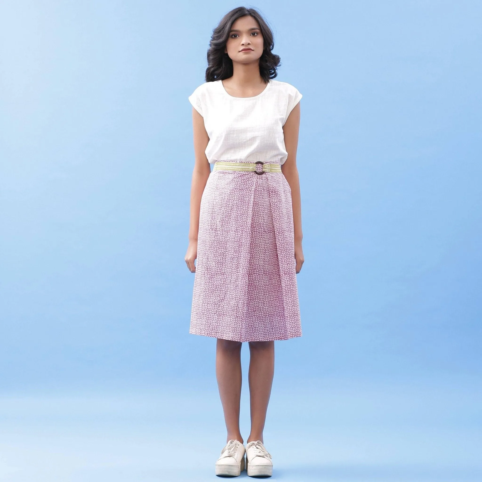 Wine Triangle Block Printed Cotton Knee Length Skirt