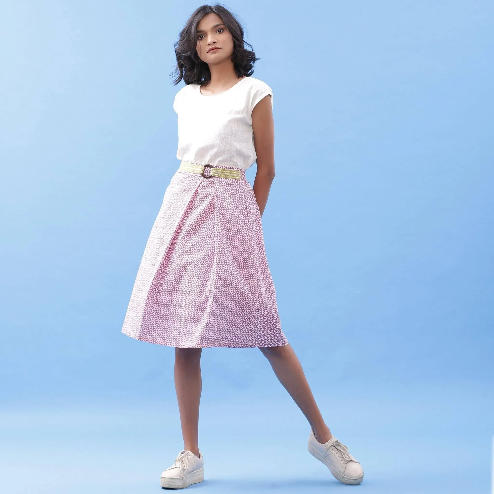 Wine Triangle Block Printed Cotton Knee Length Skirt