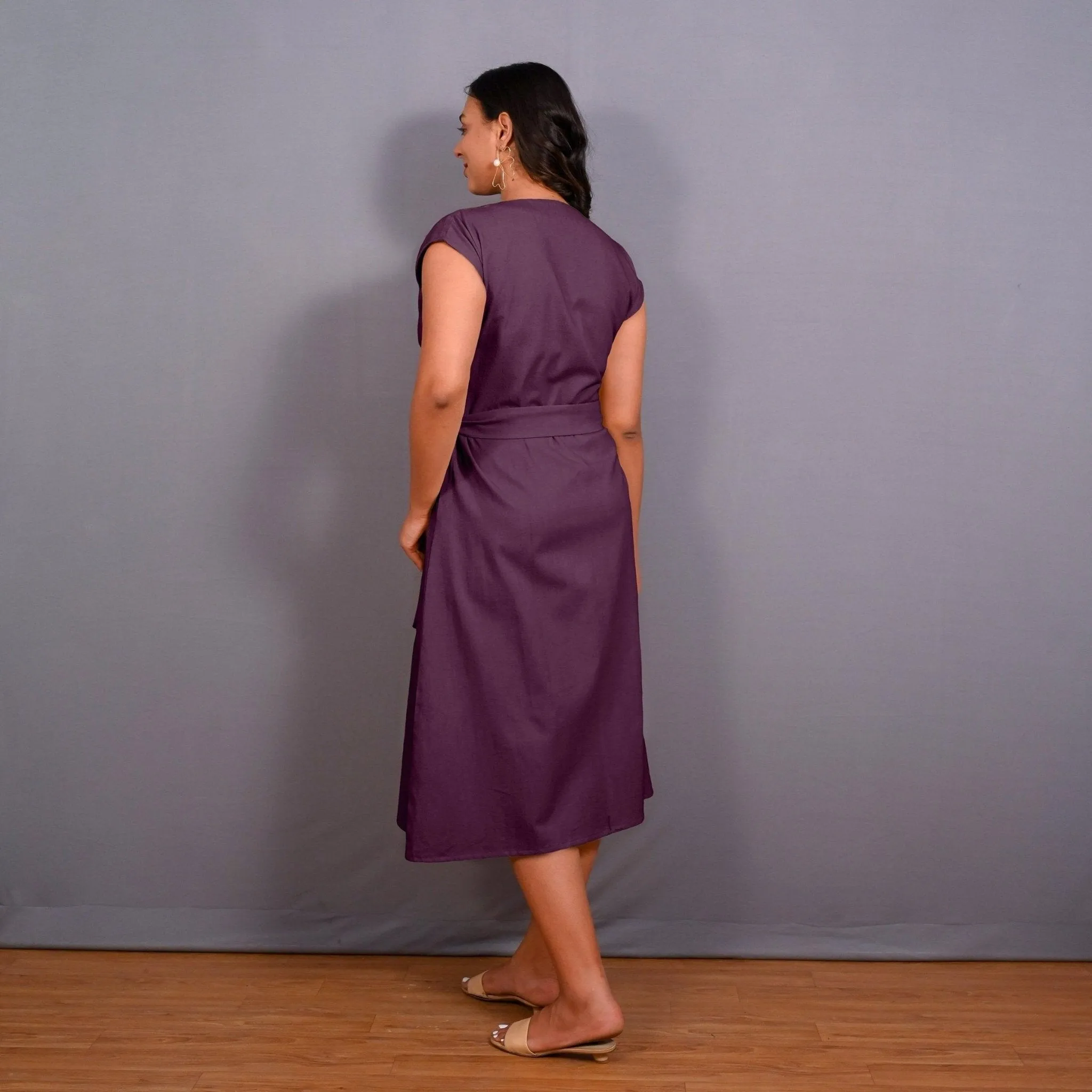 Wine Warm Cotton Flannel Button-Down A-Line Midi Dress