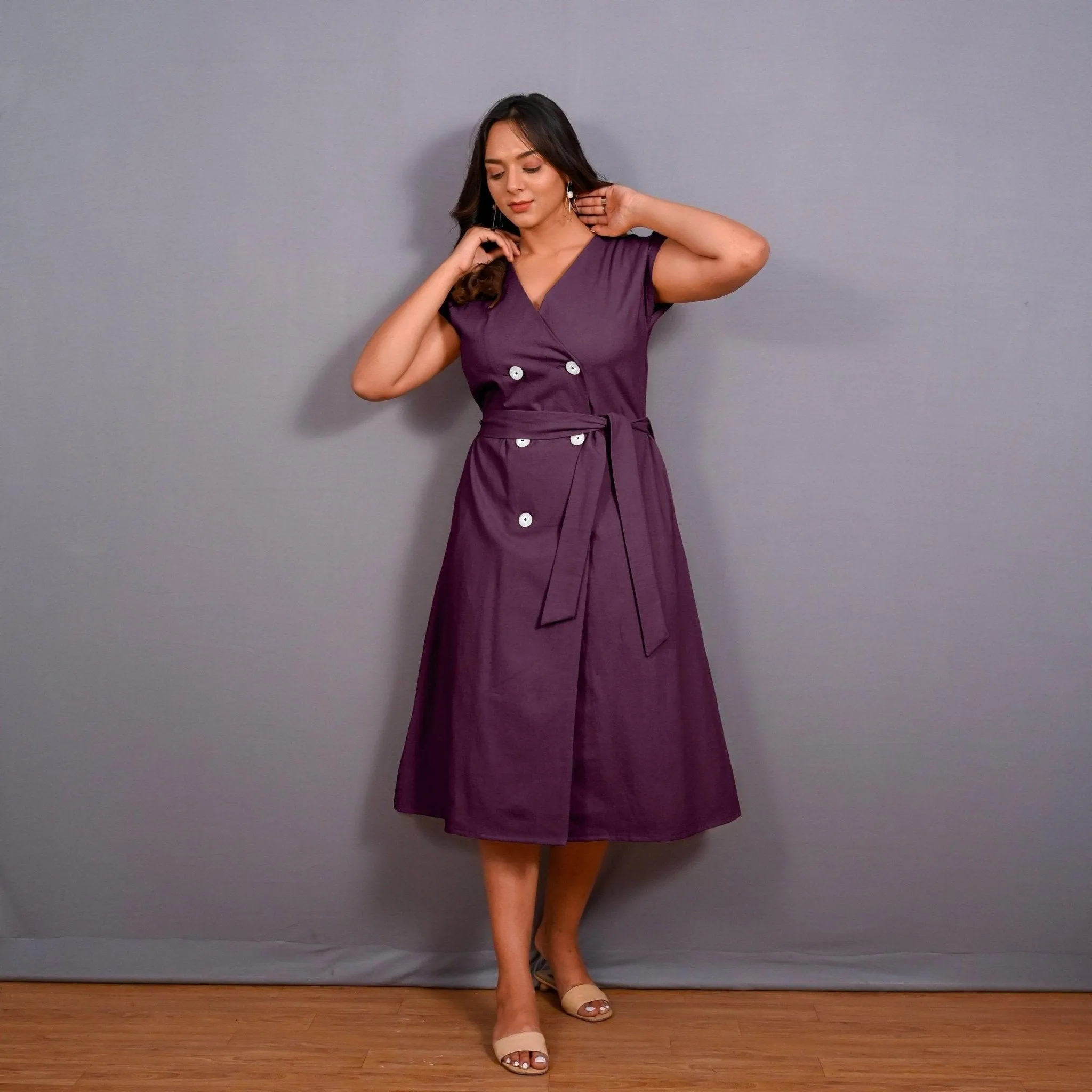 Wine Warm Cotton Flannel Button-Down A-Line Midi Dress