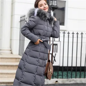 Winter women's cotton-padded hooded coat long big fur collar women's thickened down jacket