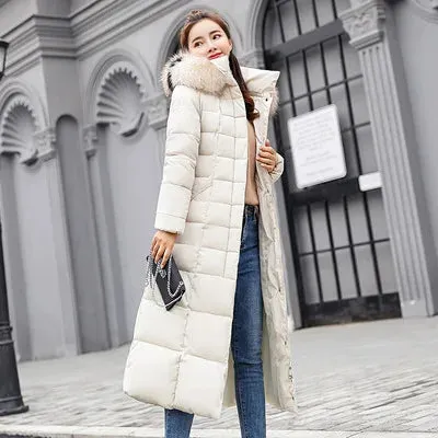 Winter women's cotton-padded hooded coat long big fur collar women's thickened down jacket