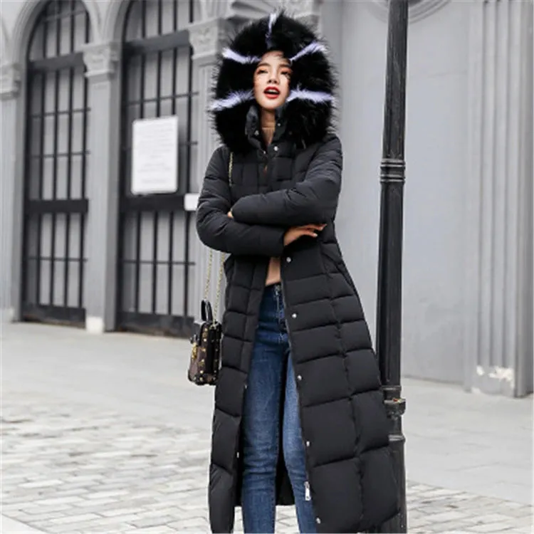 Winter women's cotton-padded hooded coat long big fur collar women's thickened down jacket