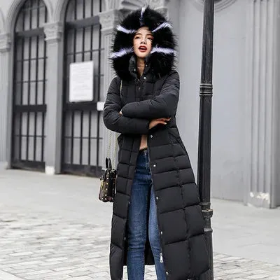 Winter women's cotton-padded hooded coat long big fur collar women's thickened down jacket