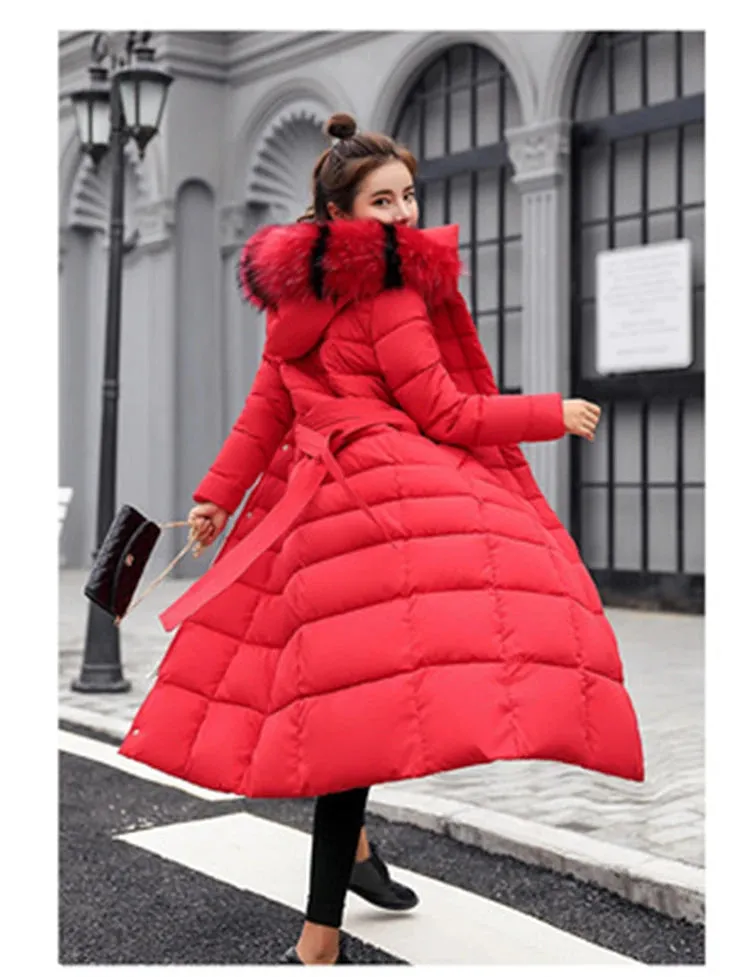 Winter women's cotton-padded hooded coat long big fur collar women's thickened down jacket