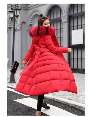 Winter women's cotton-padded hooded coat long big fur collar women's thickened down jacket