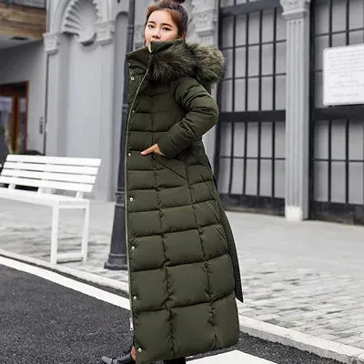 Winter women's cotton-padded hooded coat long big fur collar women's thickened down jacket