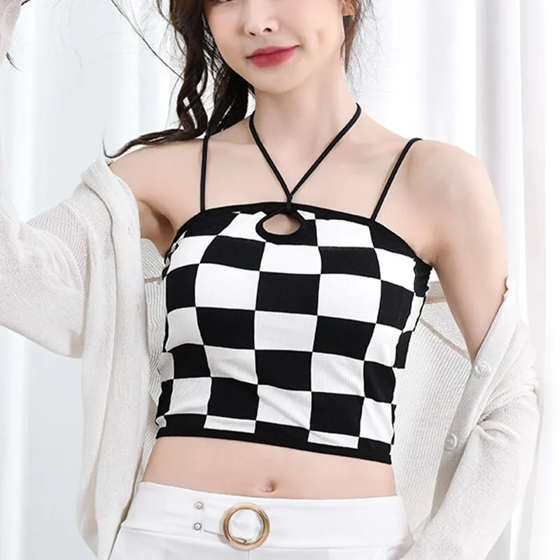 Wjczt Retro Checkerboard Crop Top Women Y2K Gyaru Sexy Halter Top Summer Fashion Fixed Cup Camisole Smooth Breathable Tank Top