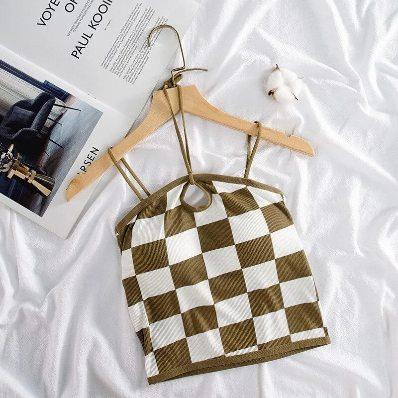 Wjczt Retro Checkerboard Crop Top Women Y2K Gyaru Sexy Halter Top Summer Fashion Fixed Cup Camisole Smooth Breathable Tank Top